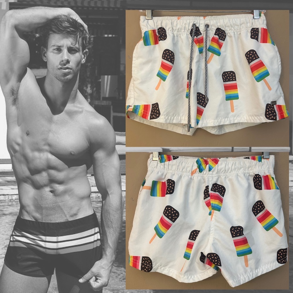 AMS Rainbow Popsicle Swim Trunks Medium 30-36 Inseam 7" Gently worn 100% poly